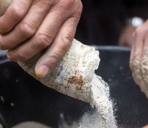 Dos personas echando polvos en un cuenco desde un cuerno